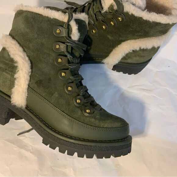 Tory Burch Boxwood Green Suede Cooper Shearling Bootie 5M - Picture 7 of 15
